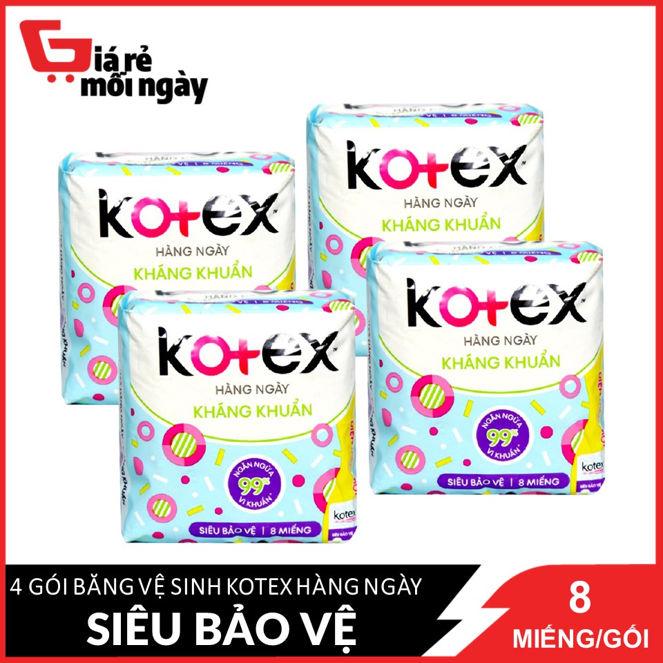 Combo 4 Băng Vệ Sinh Kháng Khuẩn Hàng Ngày Kotex Siêu Bảo Vệ 8 miếng