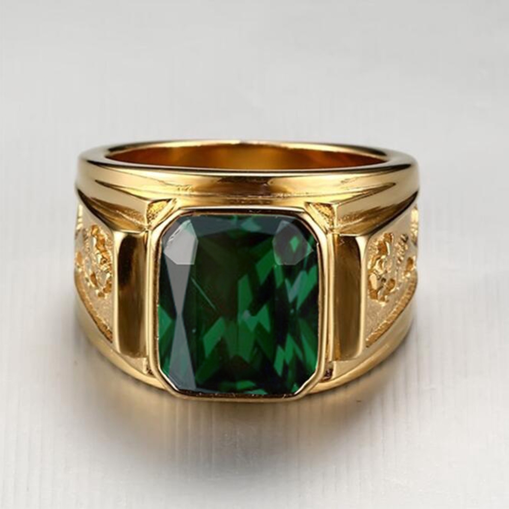 Nhẫn thép titan mạ vàng bạc hình rồng đính đá xanh lá thời trang dành cho nam