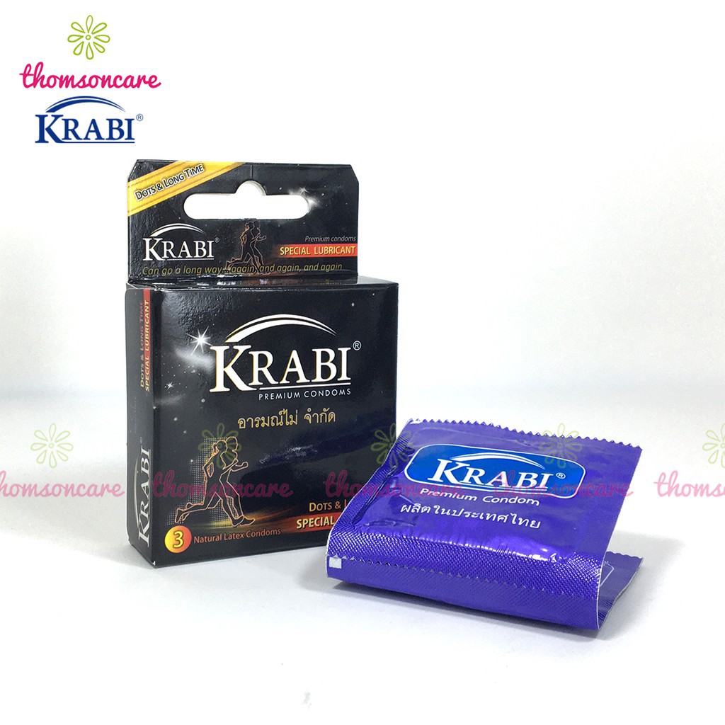 Bao cao su Thái Lan Krabi - bcs siêu mỏng, kéo dài, có gân gai - Hộp 3 chiếc condom xịn