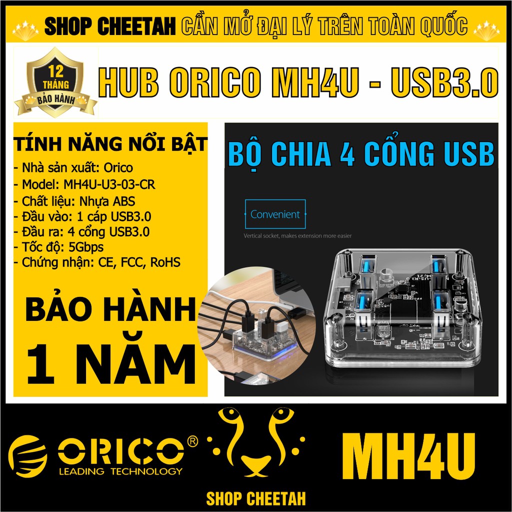 Bộ chia 4 cổng USB 3.0 – Hub Orico MH4U-U3-03-CR – Trong suốt – Chính Hãng – Bảo hành 12 tháng – USB3.0 Four – Port Hub