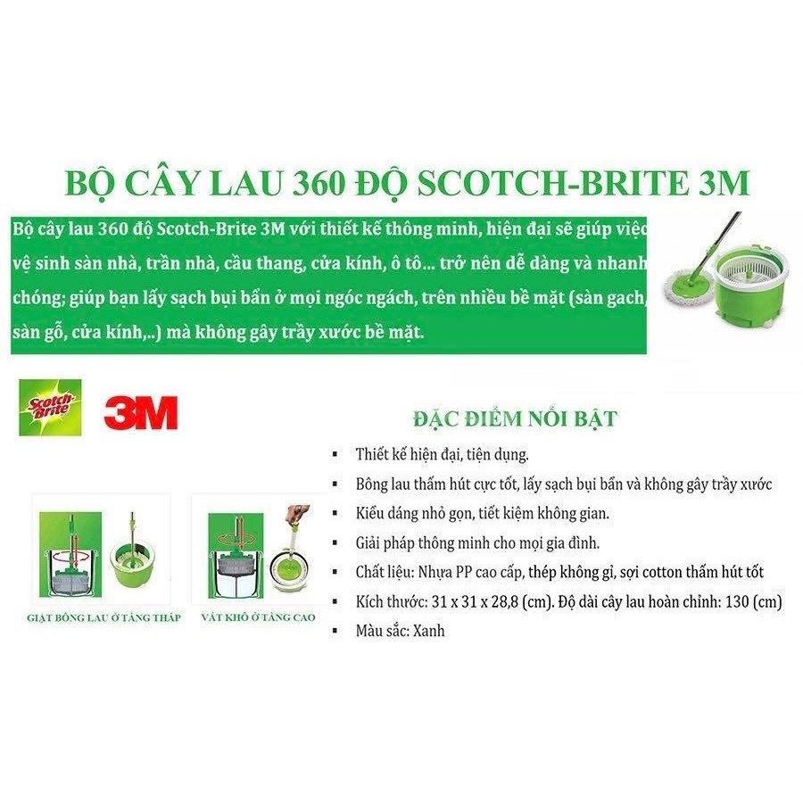 [LAU SẠCH] Bộ cây lau nhà Microfiber 360 độ Scotch Brite (Cót rai) 3M 1910