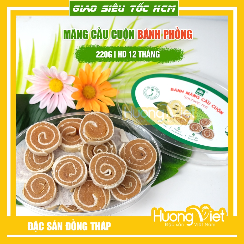 Kẹo mãng cầu, mứt mãng cầu cuộn bánh tráng hộp 220g, đặc sản Đồng Tháp Tư Bông, bánh kẹo đồ ăn vặt Sài Gòn