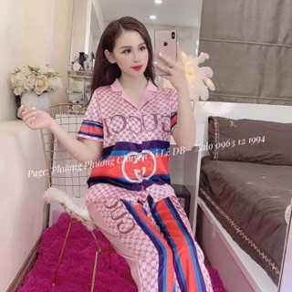 Bộ lụa satin thiết kế in 3D GG xanh Ngọc phối hồng mẫu nhé mới nhất
