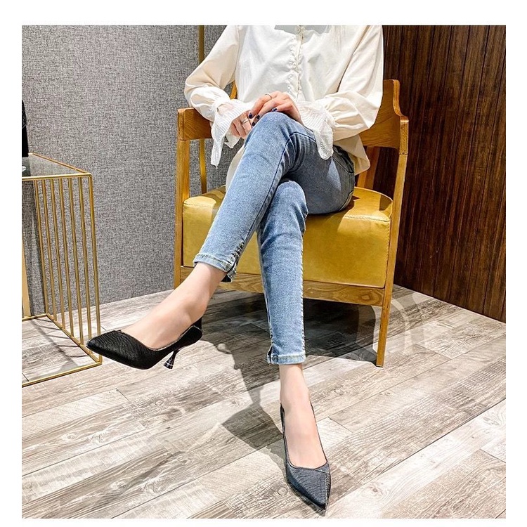 Giày cao gót da mềm mũi nhọn thời trang công sở thanh lịch cho nữ 2021