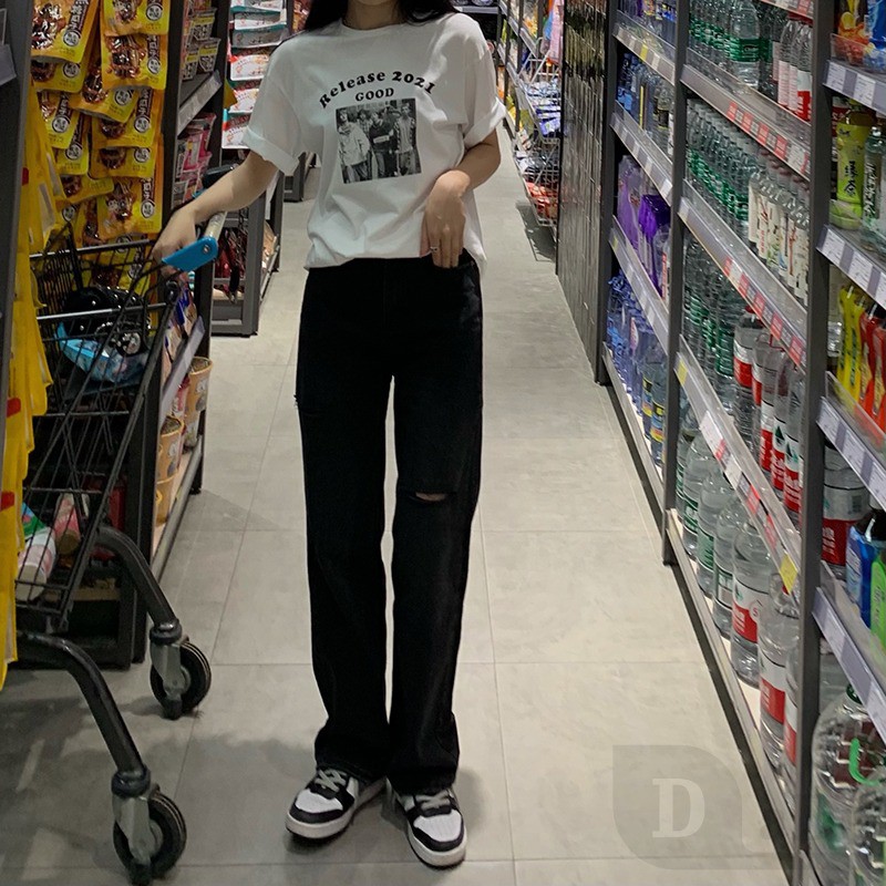 Quần Jeans Nữ Lưng Cao Ống Rộng Cá Tính