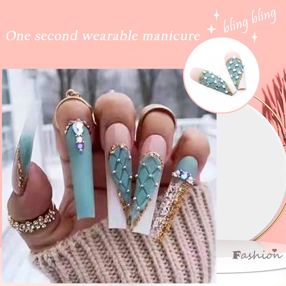 Bộ 24 Móng Tay Giả Trang Trí Nghệ Thuật Màu Xanh Dương Lấp Lánh Không Bị Rơi Dễ Xé