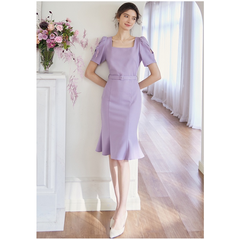 Đầm cổ vuông tay ngắn màu tím khoai môn thanh lịch