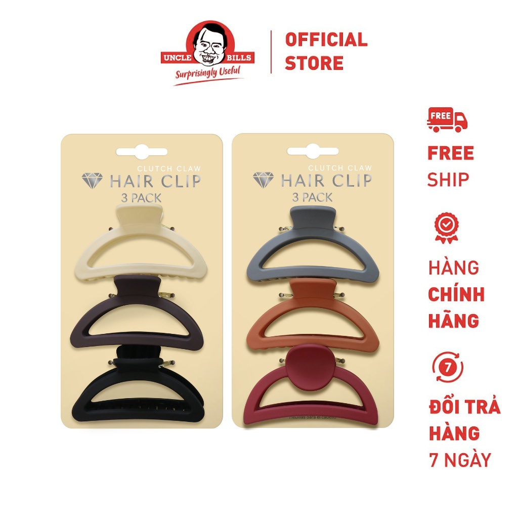 Kẹp tóc Càng cua hình Bán nguyệt - M nhiều loại - 3 cái/ bộ Uncle Bills AH4968