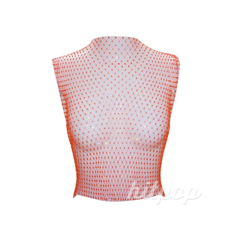 Hitpop-áo Lưới Không Tay Cổ Tròn Rỗng Trang Trí Đính Đá Phong Cách Thoải Mái Cho Nữ
