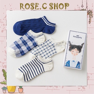 Set tất nữ cổ ngắn CARAMELLA 4 đôi cao cấp, vớ nữ cổ ngắn cute Caro Xanh - Rose C Shop
