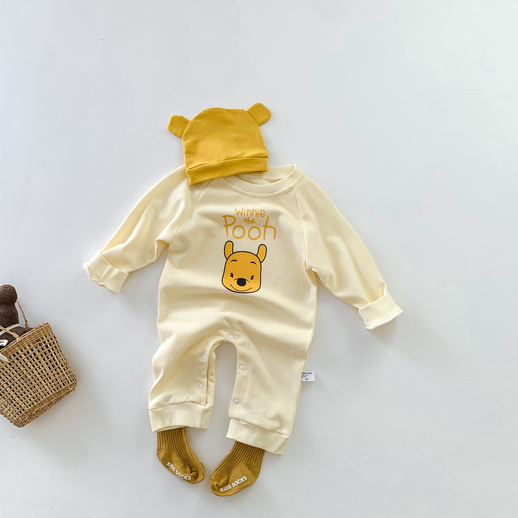 Bộ đồ liền thân bằng vải cotton dài tay + có mũ phong cách mùa thu cho trẻ sơ sinh 0-2 tuổi