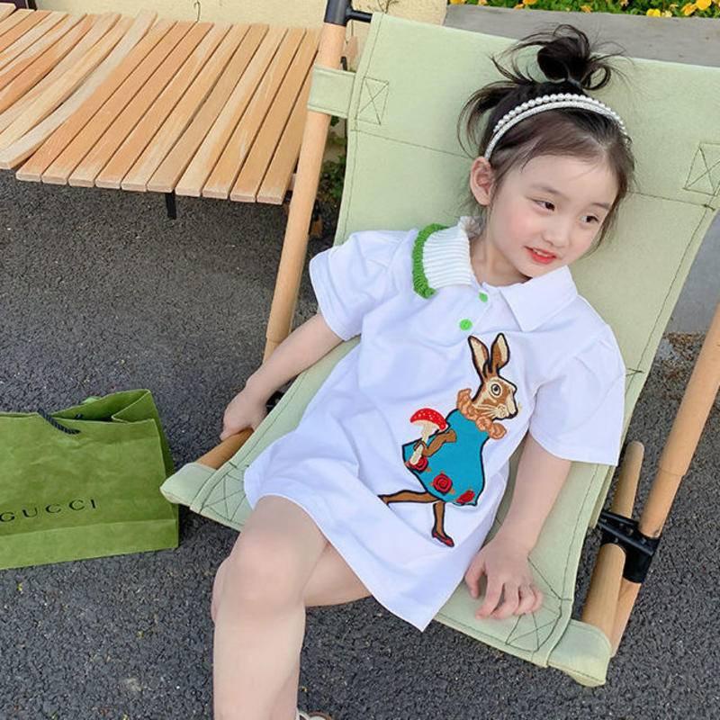 Đầm cotton dài giữa cổ áo polo in hình hoạt hình phong cách Hàn Quốc cho bé gái