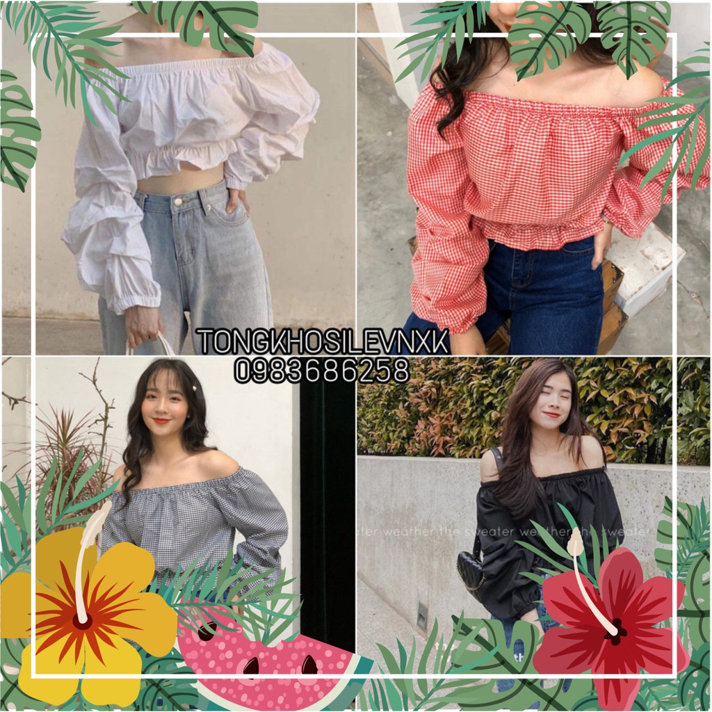 ÁO TRỄ VAI KYA OFF TOP - ÁO CROPTOP TRỄ VAI KẺ CARO ĐỎ ĐEN TAY BỒNG - ÁO TRỄ VAI CROPTOP ĐŨI DÀI TAY NHÚN BÈO ĐEN TRẮNG