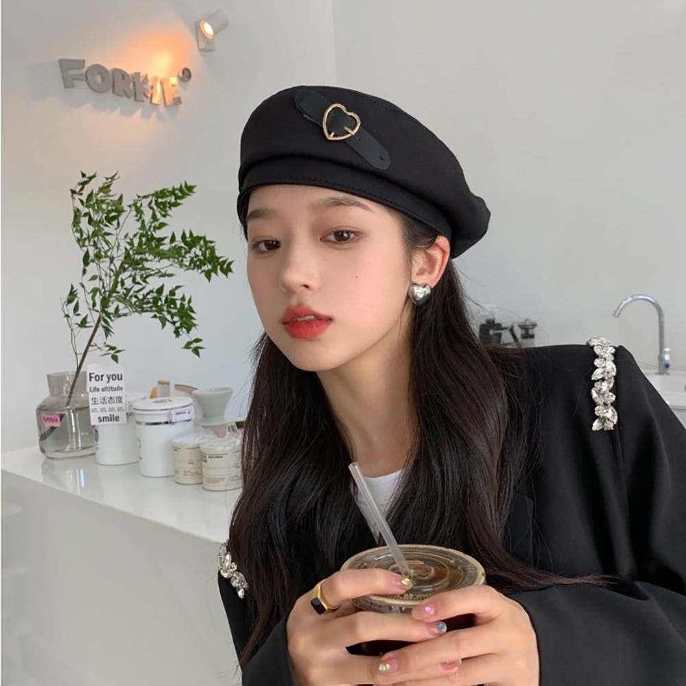 Mũ beret phối khóa cài trái tim bằng da điều chỉnh được thời trang thu đông kiểu Hàn Quốc thanh lịch đơn giản cho nữ