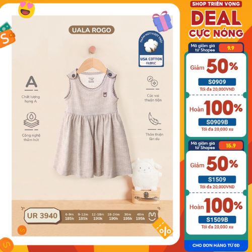 váy mùa hè hai dây bản to cho bé gái, hàng ula rogo chất siêu mát, thấm hút mồ hôi size 6 tháng đến 4 tuổi