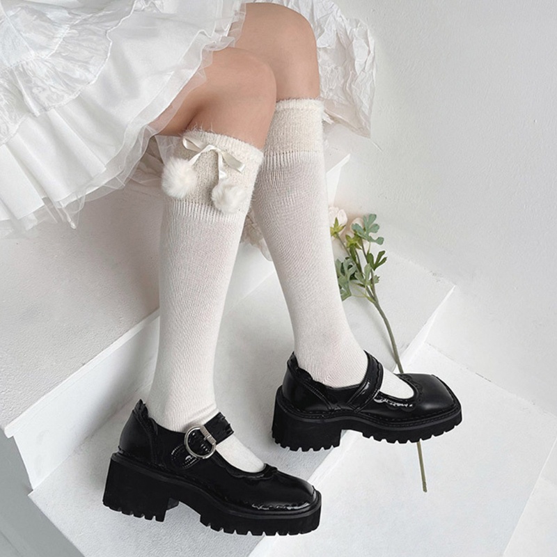 Tất đầu gối bắp chân giả len dệt kim nơ satin bóng nhung phong cách lolita dễ thương cho nữ sinh đi giày bốt