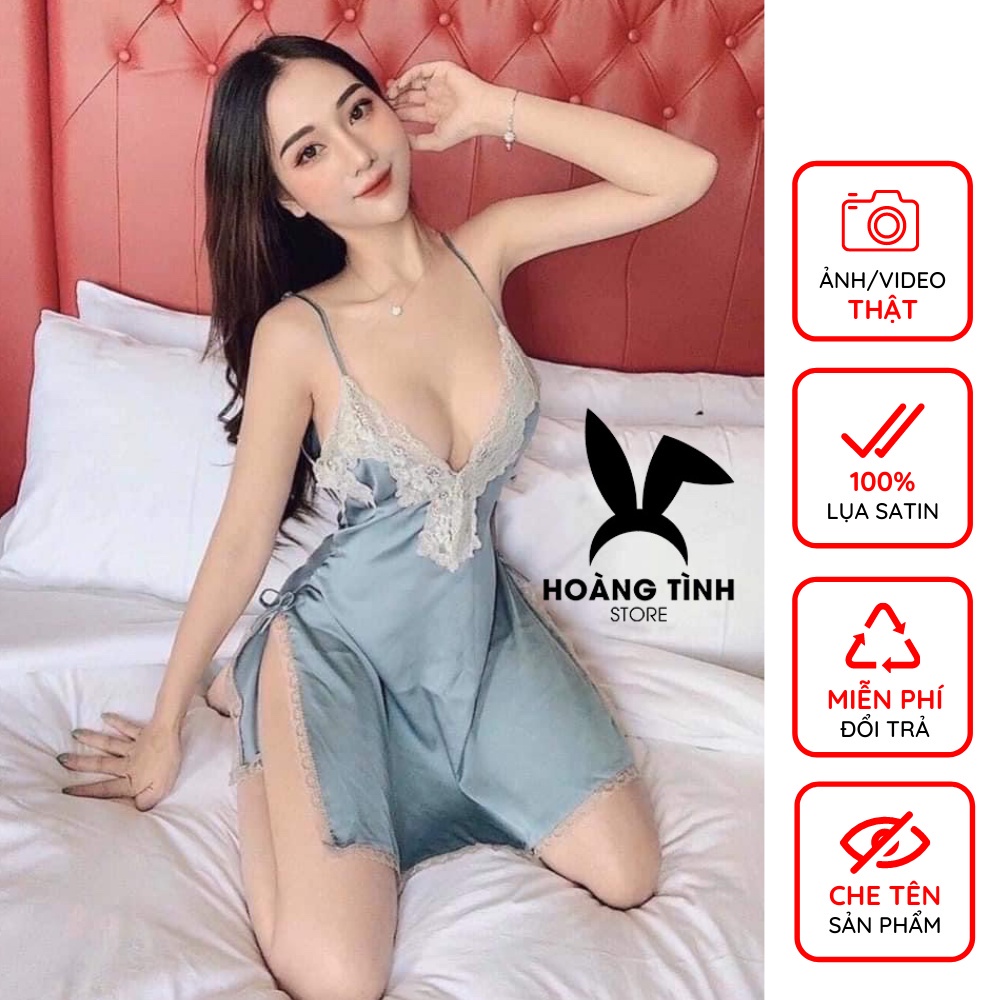 ↂ✻Váy ngủ 2 dây sexy xẻ tà phối ren gợi cảm Hoàng Tình Store lụa satin mềm mại quyến rũ kèm quần đùi xinh xắn Freesize