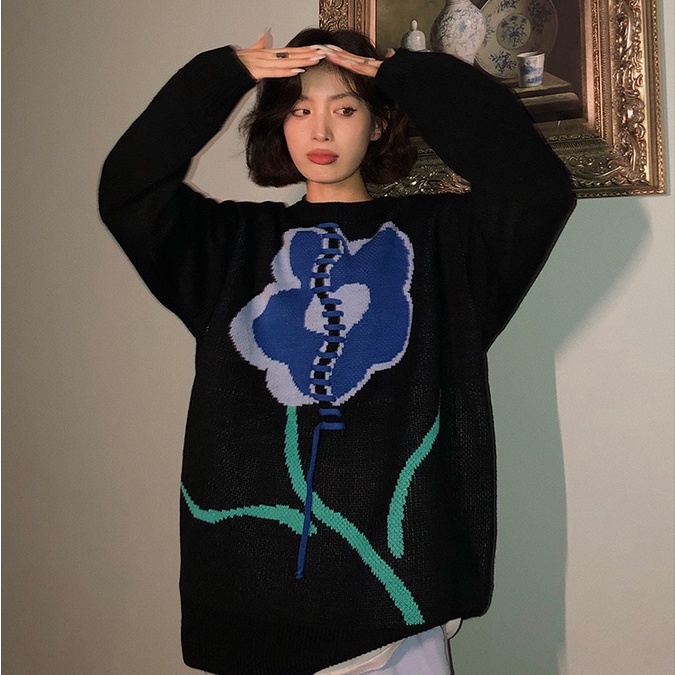 ZHELIHANGFEI Áo Sweater Tay Dài Dáng Rộng In Hoa Xinh Xắn Hợp Thời Trang