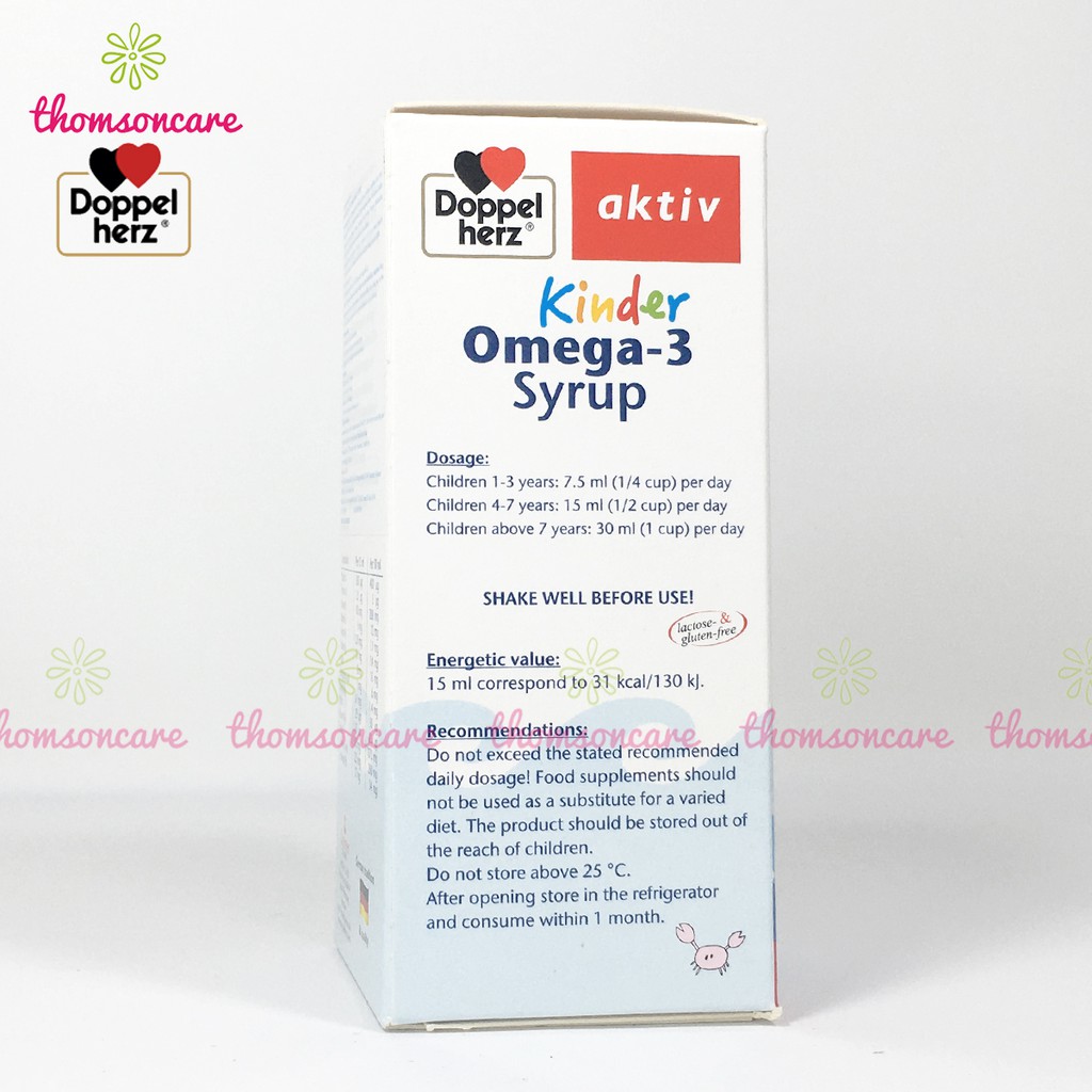 Bổ sung Omega DHA cho bé Kinder Omega 3 syrup từ dầu cá và vitamin - nhập khẩu Doppel Herz Aktiv Đức,