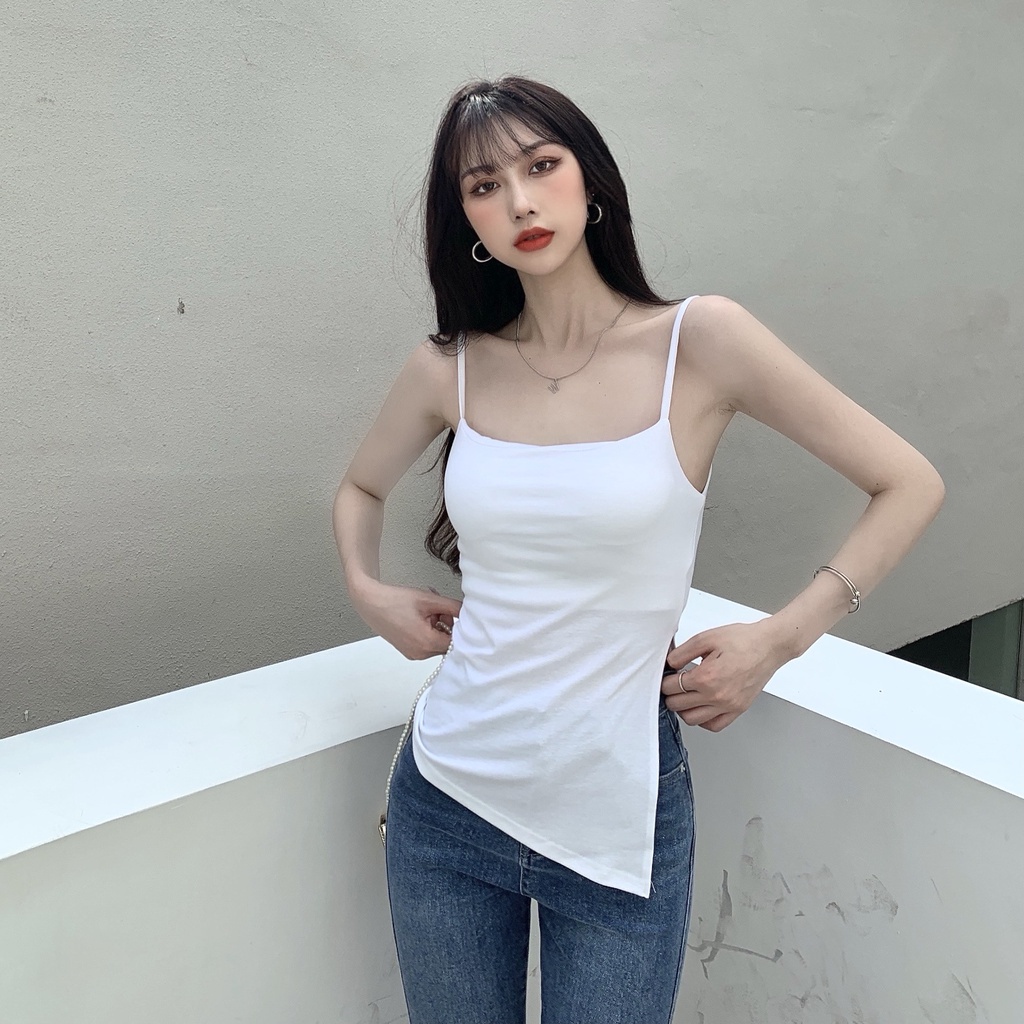 ihkke Áo hai dây màu trơn phối xẻ tà gợi cảm cho phái nữ