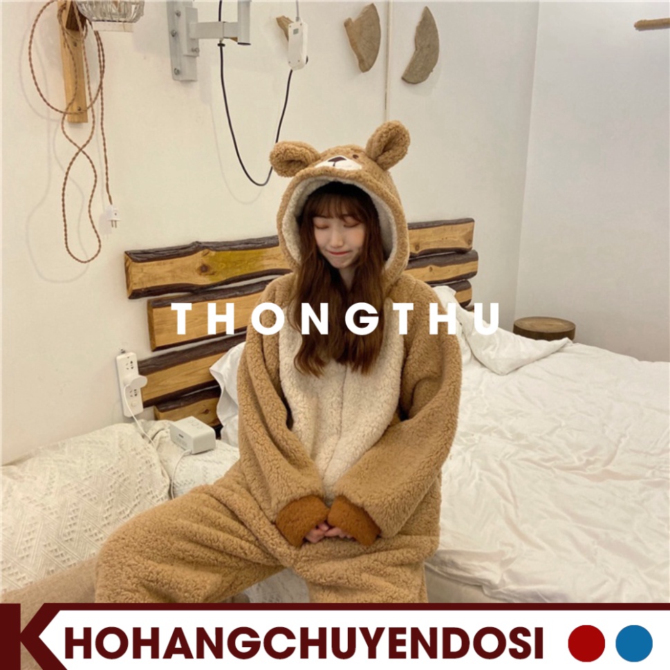 Bộ ngủ lông gấu màu nâu, bộ gấu liền thân thêu hình đẹp cho nữ siêu ấm, đồ ngủ mùa đông lông cừu giữ nhiệt tốt-THONGTHU | BigBuy360 - bigbuy360.vn