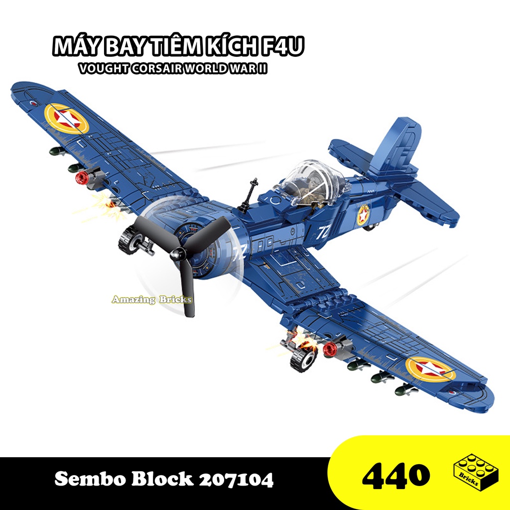 Đồ chơi Lắp ráp Máy bay Tiêm Kích F4U, Sembo Block 207104 Vought Corsair, Xếp hình thông minh, Mô hình máy bay 440 Mảnh
