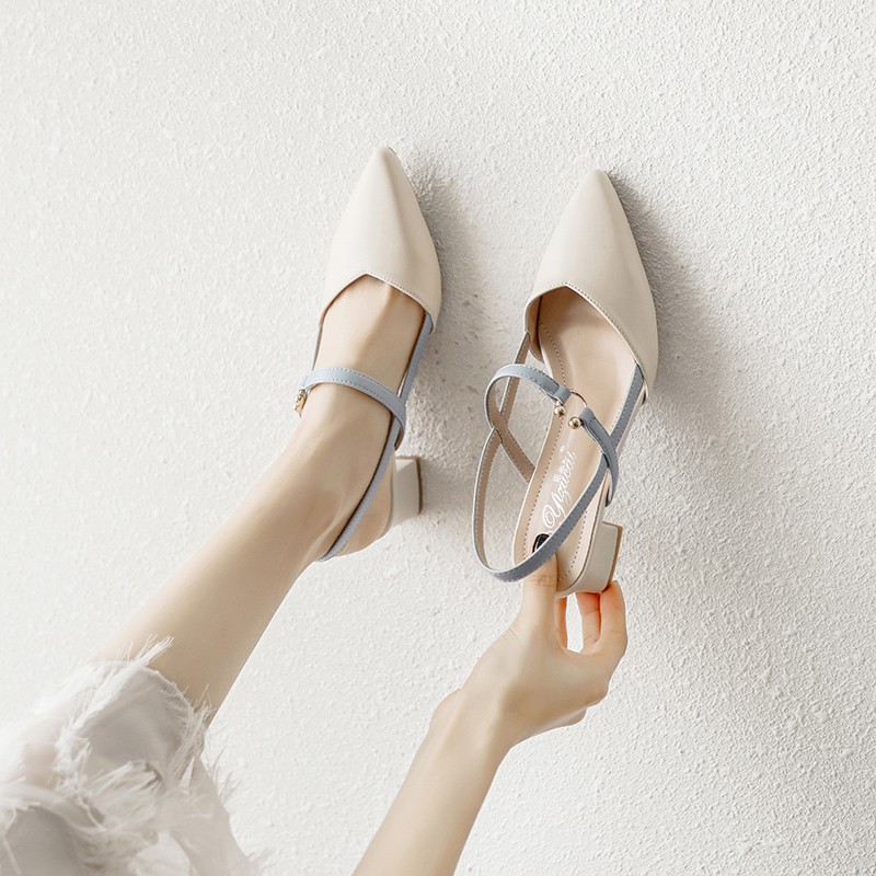 Giày cao gót phong cách Hàn Quốc gót thô 4cm màu trơn