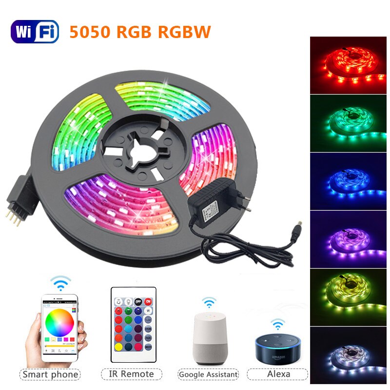 GBKOF5m 10m 15m RGBW RGBWW RGB Đèn LED dải sáng SMD 5050 Lực DC12V Ruy băng linh hoạt IR WiFi Contoller + Bộ điều hợp Trợ lý Google Alexa tương thích với Vương quốc Anh