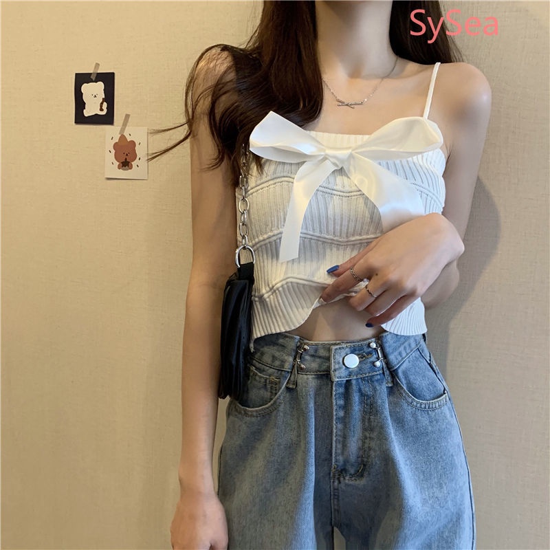 Áo Hai Dây Dệt Kim Phối Nơ Thời Trang Mùa Hè Hàn Quốc Cho Nữ