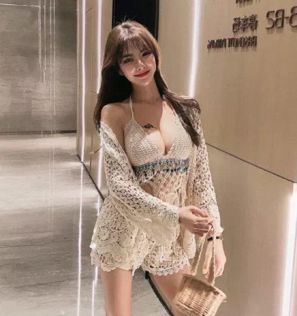 Set biển - set 3 món - bra tam giác ngọc + quần xẻ vạt + choàng ren hoa tay sóng điệu đà (có tách rời)