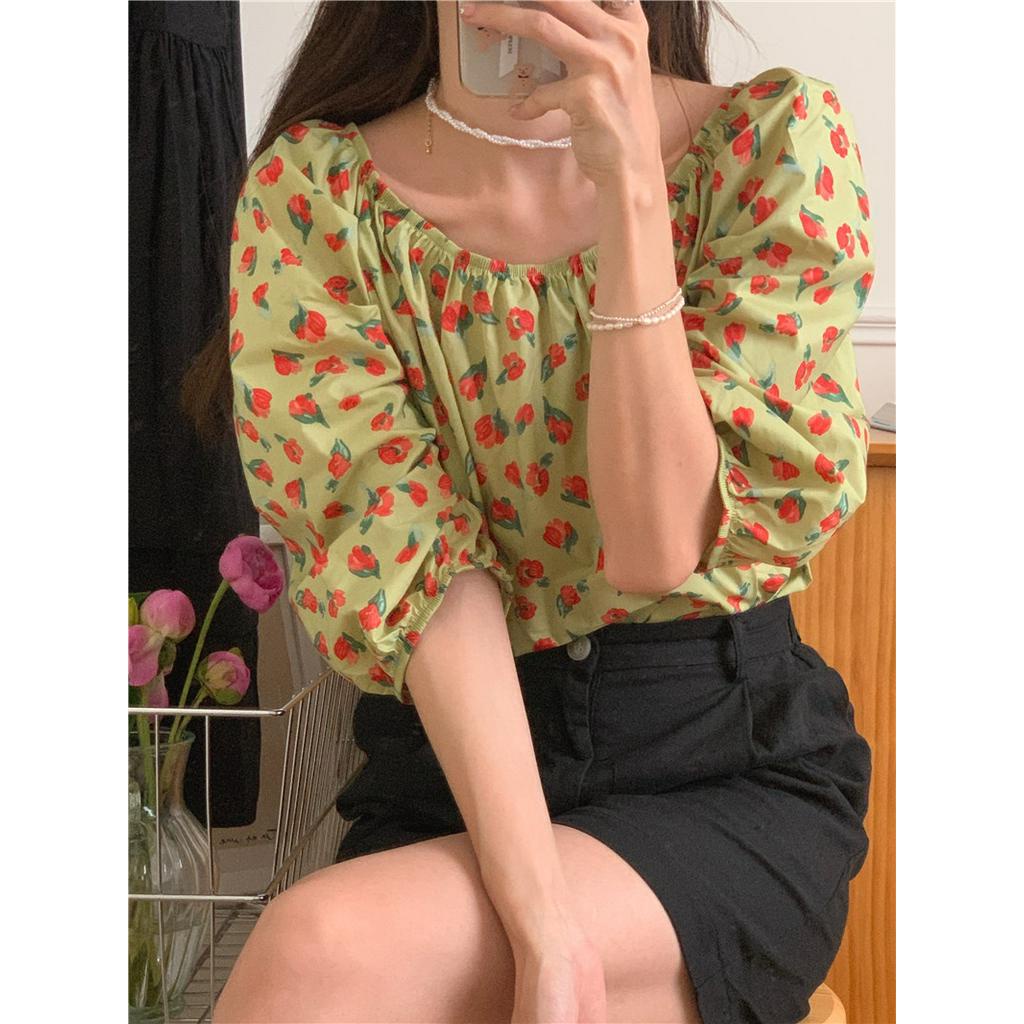 Áo Trễ Vai Tay Ngắn In Hoa Phong Cách Hàn Quốc Dễ Thương 52116