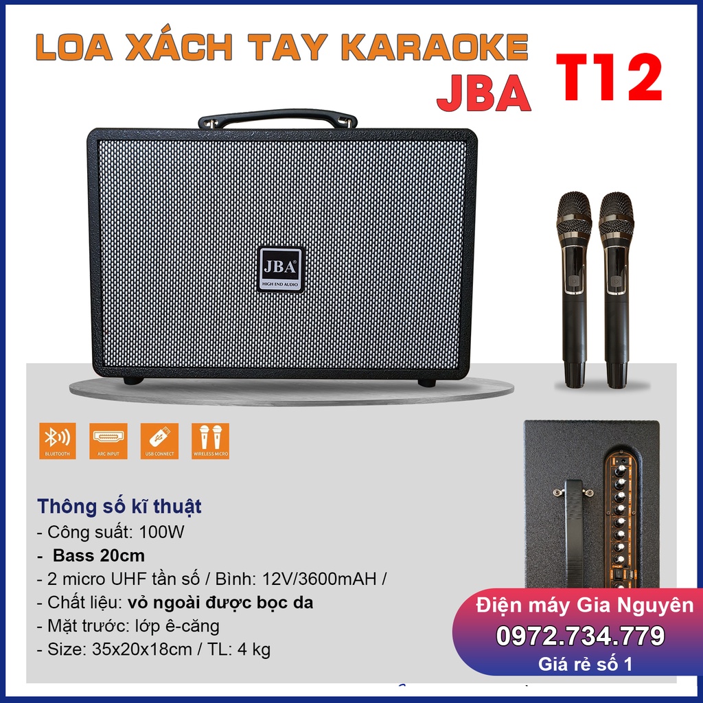 Loa xách tay Bass 25cm, công suất 250W, kèm 2 tay micro UHF, âm thanh to, hát Karaoke hay