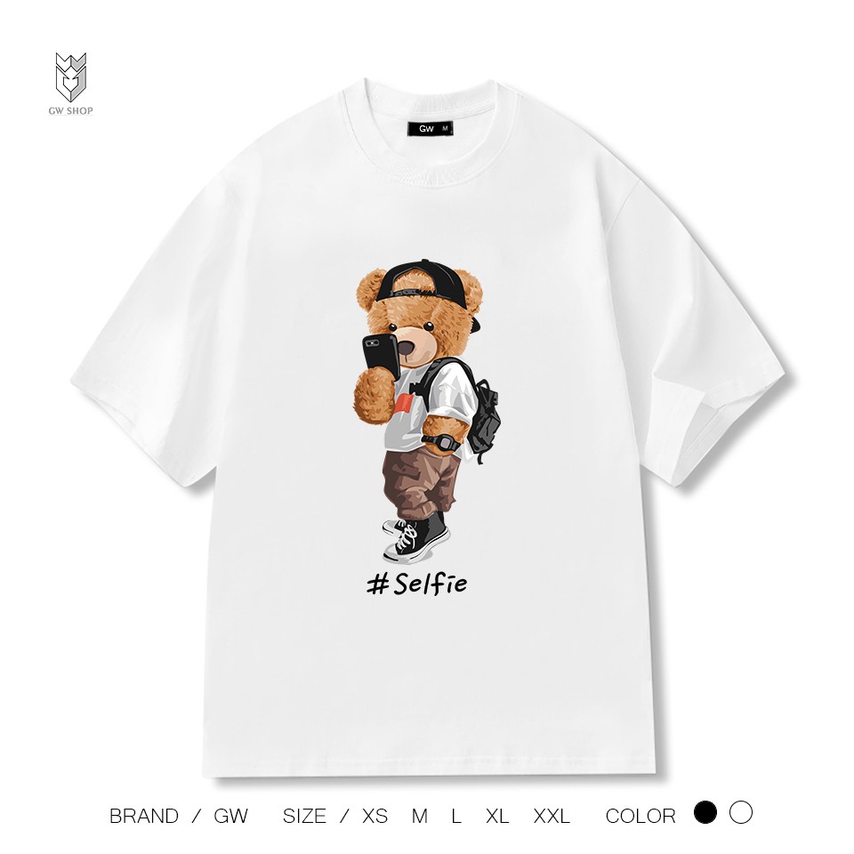 【FREE SHIP】Áo thun unisex in gấu SELFIE, áo thun nam nữ ngắn tay vải cotton dáng suông cực đẹp - GW Shop