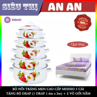 BỘ NỒI TRÁNG MEN CAO CẤP CHỐNG DÍNH MISHIO 5 CÁI ĐK 18 20 22 24 26cm  TẶNG BỘ DRAP 4 MÓN nấu được trên tất cả loại bếp