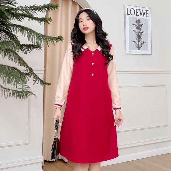 Đầm Suông Công Sở NHẬT VY Babydoll Dài Tay Cổ Viền Thuỷ Thủ Chất Kaki Thun Màu Xanh, Đen, Đỏ - D2208