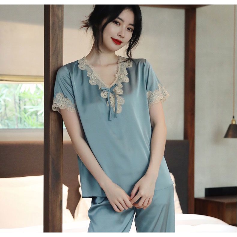 Đầm Ngủ Tay Ngắn Chất Lụa Phối Ren Quyến Rũ Thời Trang Xuân Thu Phong Cách Hàn Quốc Cho Nữ