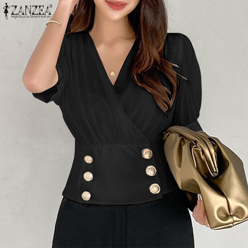 Zanzea Áo Kiểu Tay Phồng Cổ Chữ V Phối Nút Thời Trang Hàn Quốc Cho Nữ