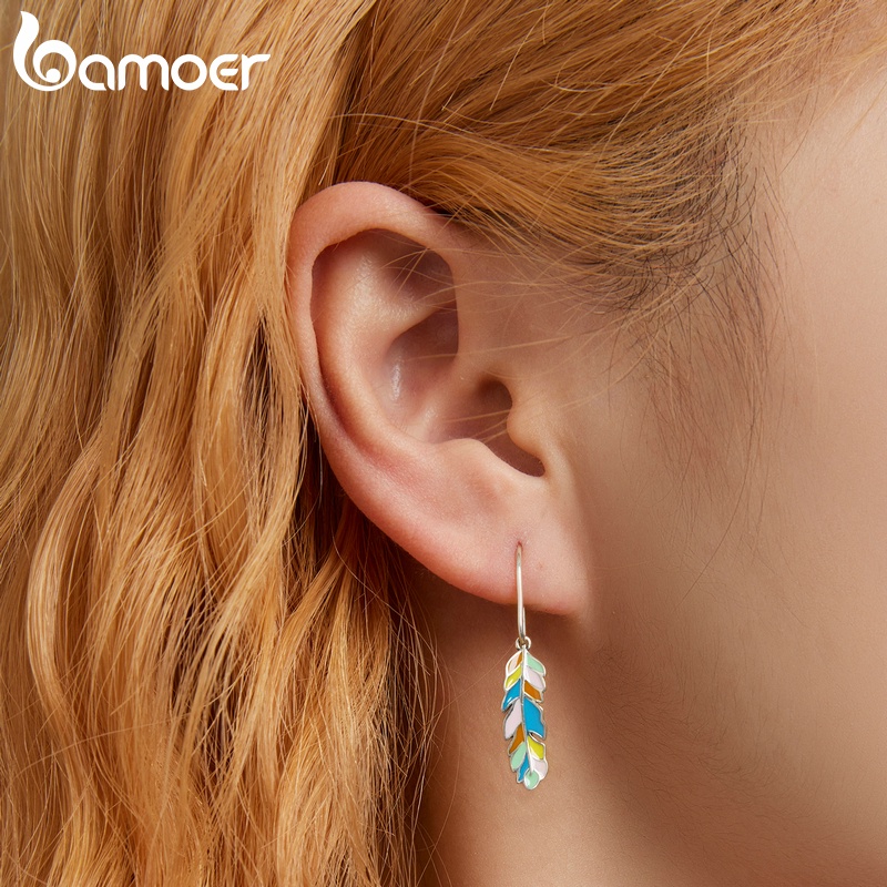 Đôi khuyên tai Bamoer bạc 925 SCE1398 hình lông vũ nhiều màu tùy chọn thời trang