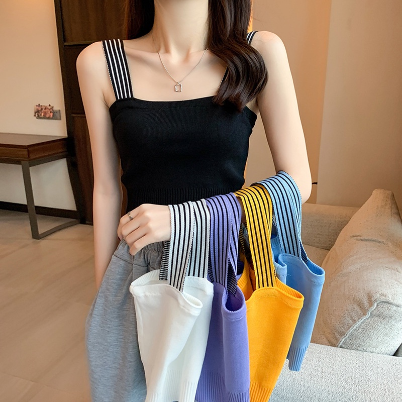  Áo dệt kim hai dây không tay màu trơn kẻ sọc phong cách Hàn Quốc | BigBuy360 - bigbuy360.vn