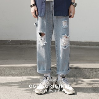 [OBES] Quần jeans xanh rách suông rộng có dây mã QRD32