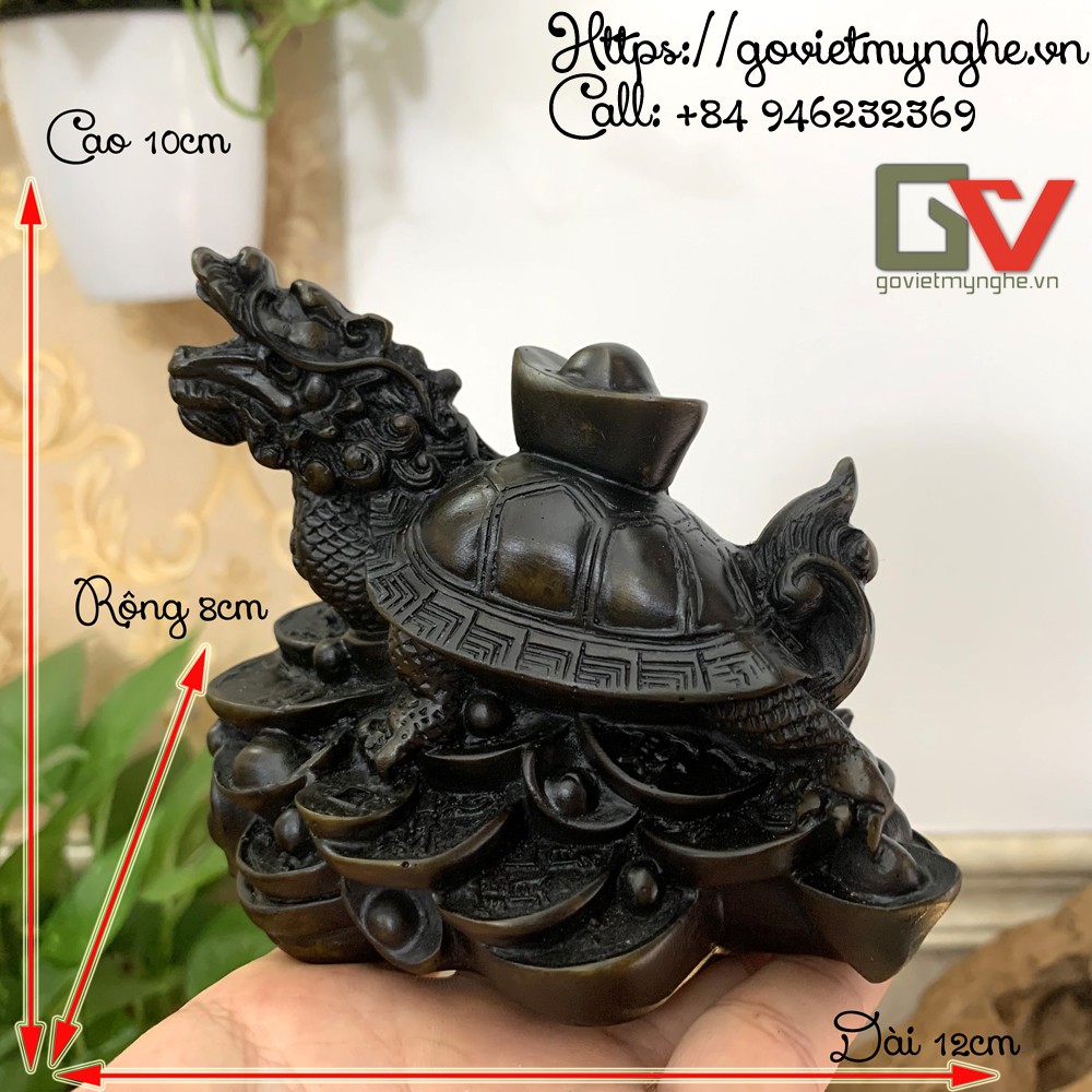 Tượng đá phong thủy long quy - Rùa đầu rồng cõng thỏi vàng - Cao 10cm - Màu nâu đen