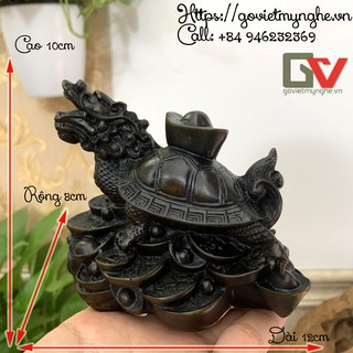 Tượng đá phong thủy long quy - Rùa đầu rồng cõng thỏi vàng - Cao 10cm - Màu nâu đen