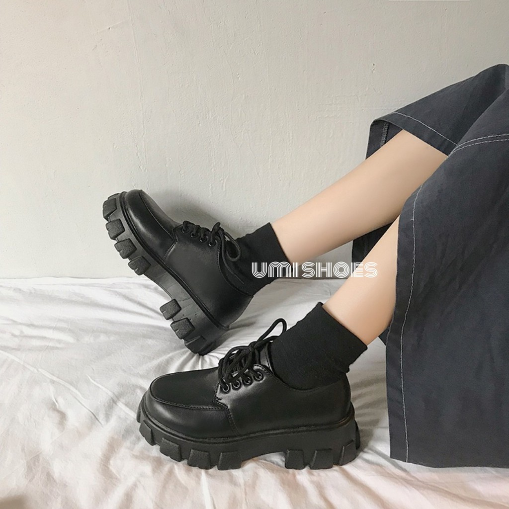 [NOWSHIP HN] Giày ulzzang retro anh quốc đế cao răng cưa cá tính oxford buộc dây màu đen da bóng mẫu mới hot trend đẹp