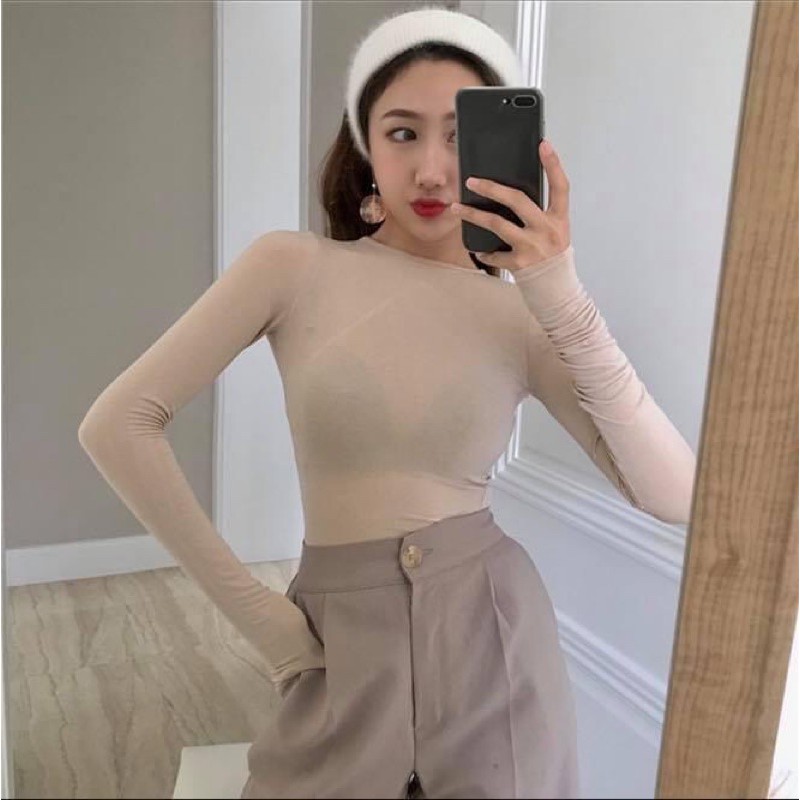 Áo kiểu nữ ôm body tay dài khoét hở lưng màu nude - Order taobao quảng châu
