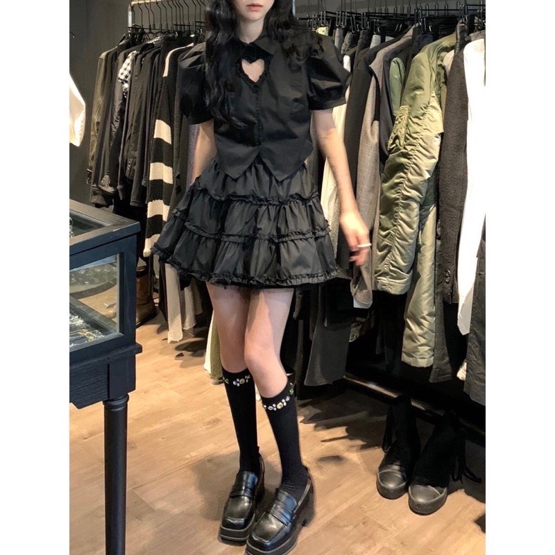 |GREEN SET| Set áo kiểu đen sơmi chân váy xoè TLÉA