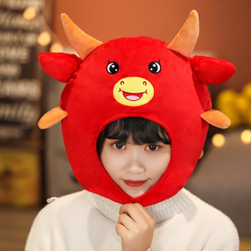 Mũ Nhồi Bông Hình Chú Bò Đỏ Ox Vui Nhộn Hóa Trang Năm Mới