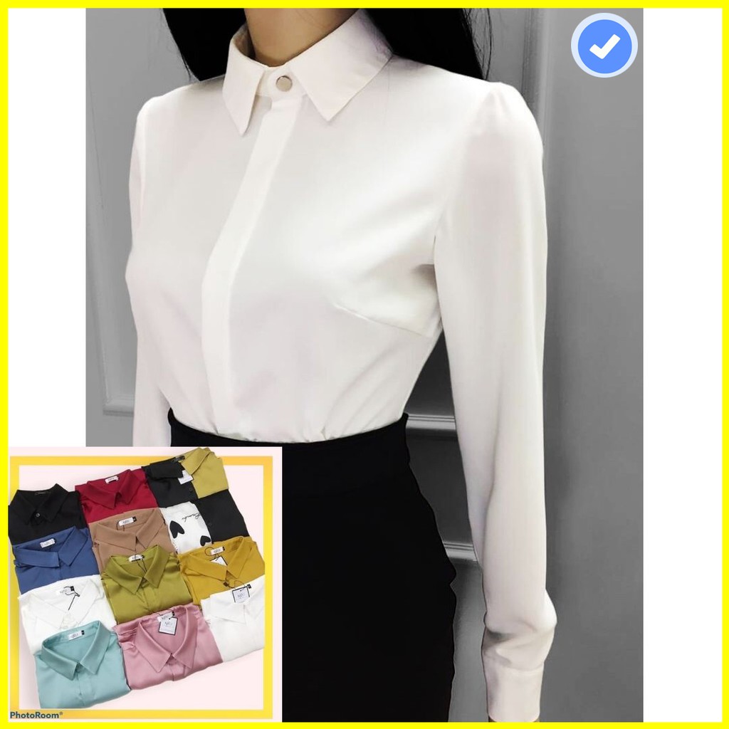 Áo sơ mi trắng nữ💖Vải đẹp dày💖 Áo cổ đức dài tay phom ôm