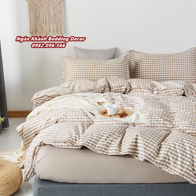 [RẺ VÔ ĐỊCH] Bộ chăn ga gối ga giường cotton poly Hàn Quốc mẫu caro be vintage - Ngân Khánh Bedding drap giường