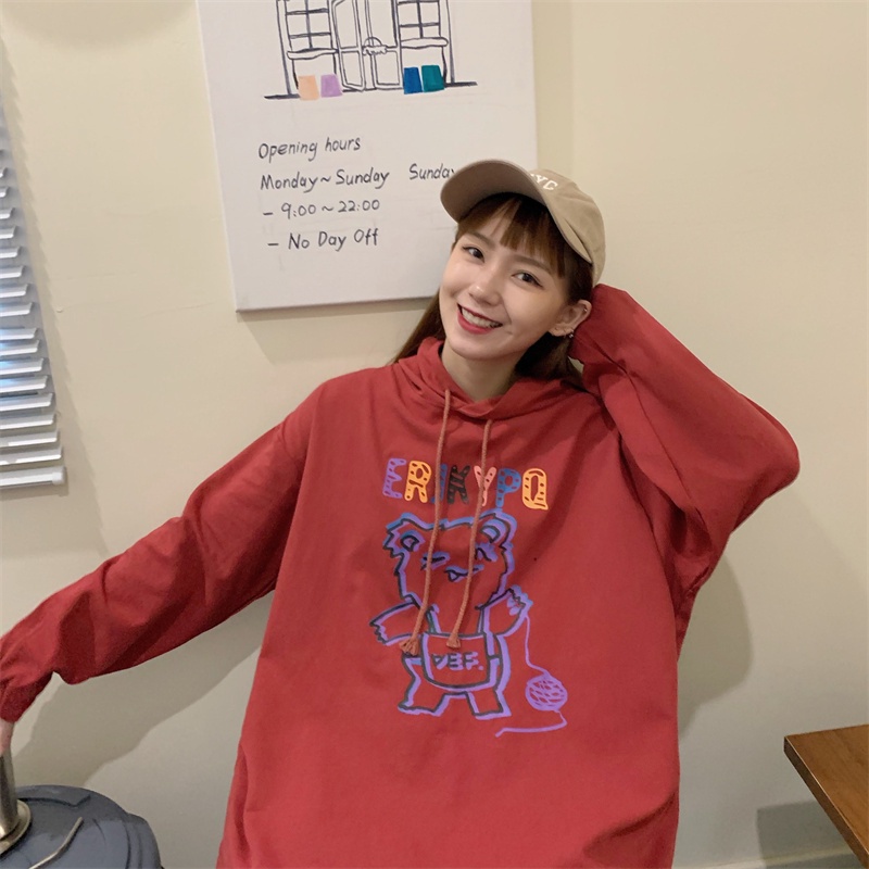 【ZHELIHANGFEI】Áo Hoodie Tay Dài Form Rộng Họa Tiết Gấu