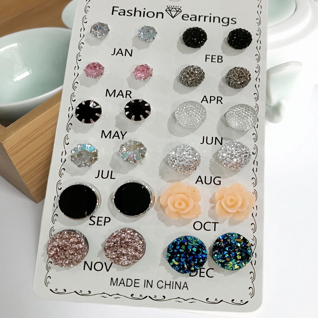 Set 12 đôi bông tai đính đá hình hoa đơn giản cho nữ